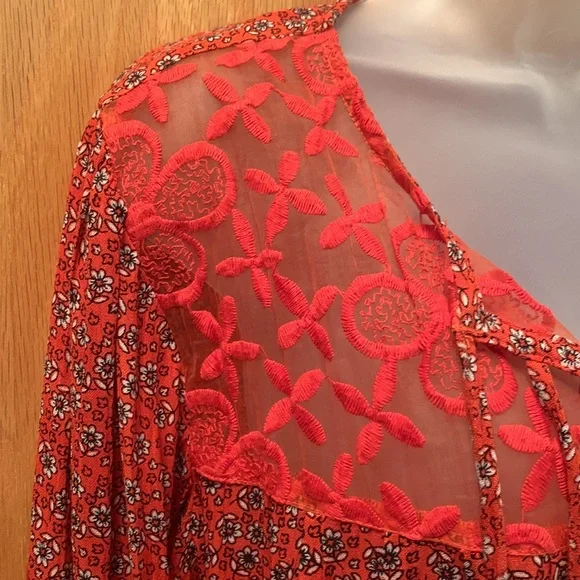 Boho Red Lace Print Long Sleeved Dress S R Fashion - Picture 3 of 13